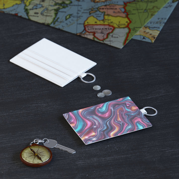 Personalized Saffiano Leather Card Holder – Iridescent Marble Swirl Design