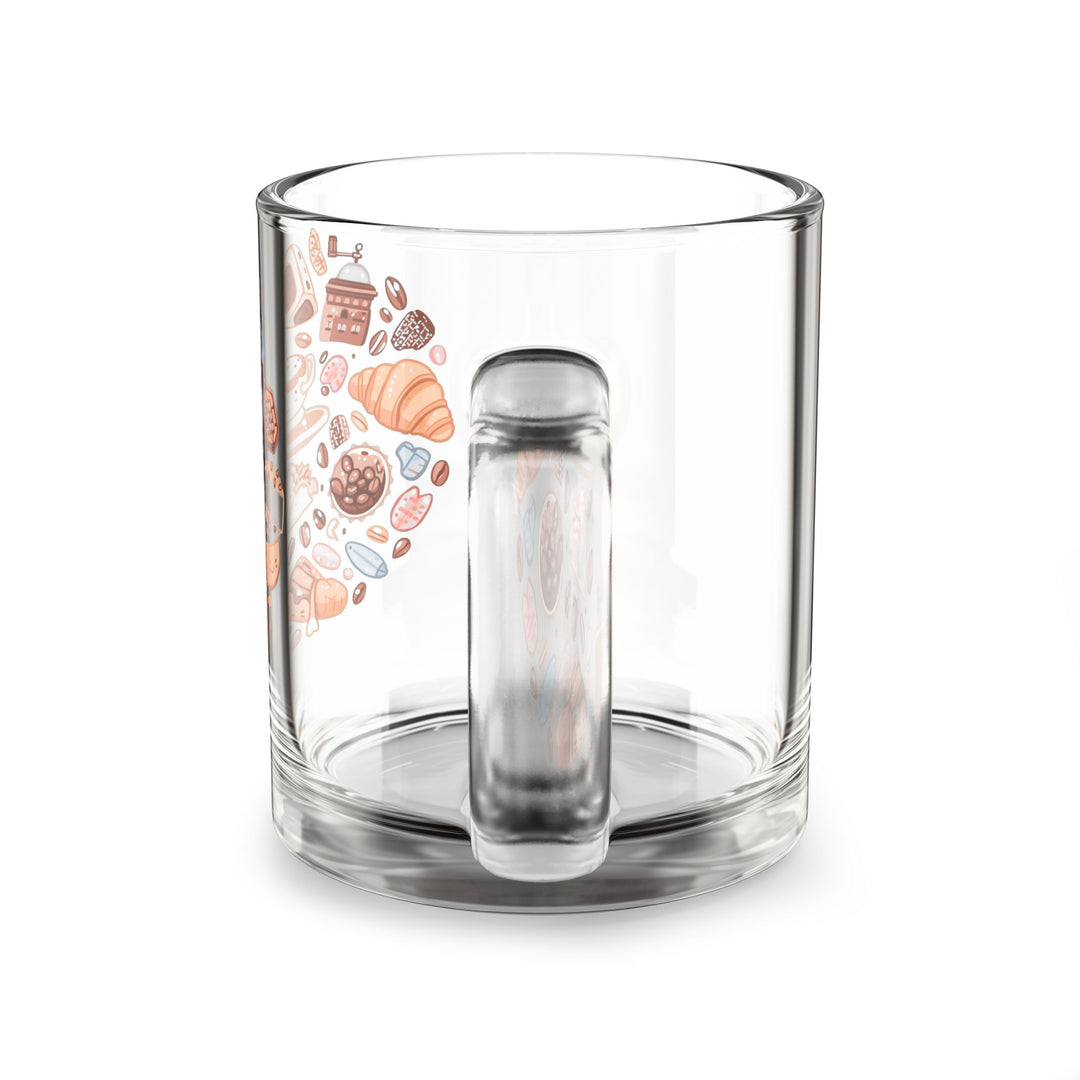 Whimsical Coffee & Pastry Glass Mug 10oz – Cute Café Cartoon Design