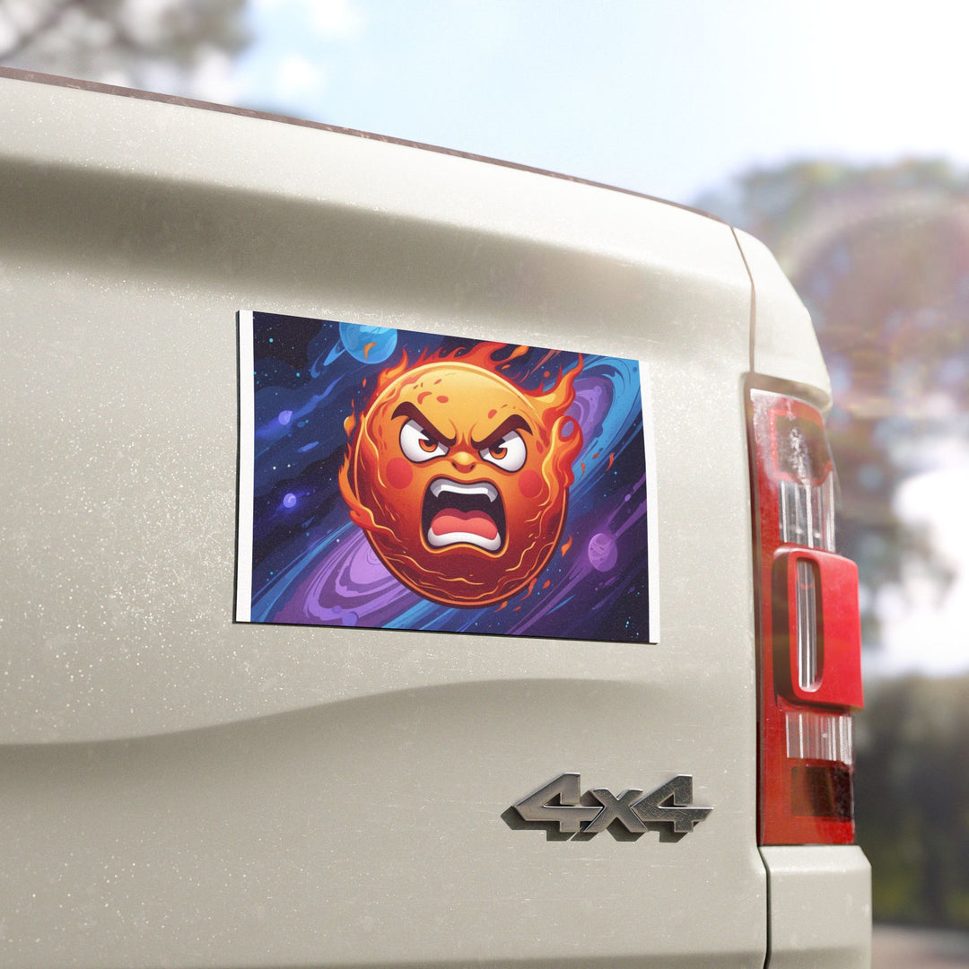 Custom Car Magnet – Fiery Cartoon Sun, Cosmic Vibes, Bold Space Design