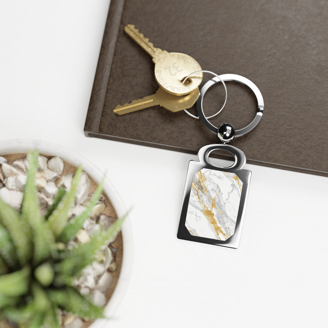 Custom Rectangle Photo Keyring – Elegant Marble & Gold, Trendy Keepsake