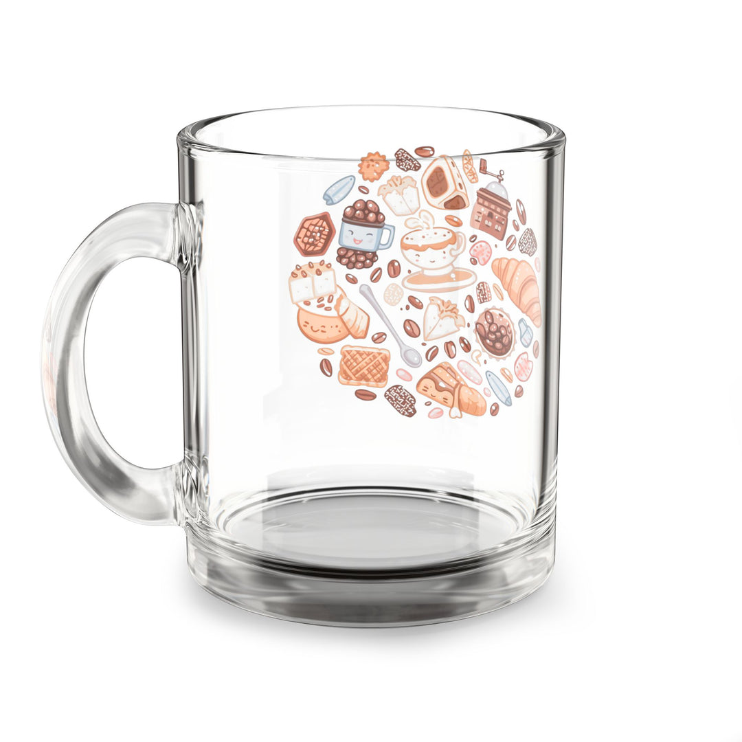 Whimsical Coffee & Pastry Glass Mug 10oz – Cute Café Cartoon Design
