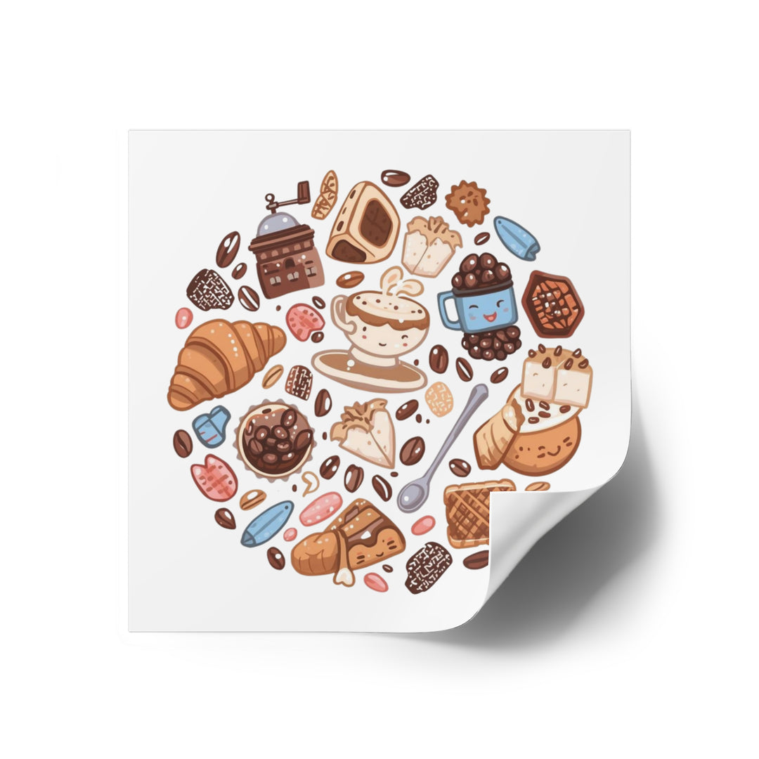Coffee & Dessert Cartoon Square Sticker – Weatherproof Vinyl, Customizable
