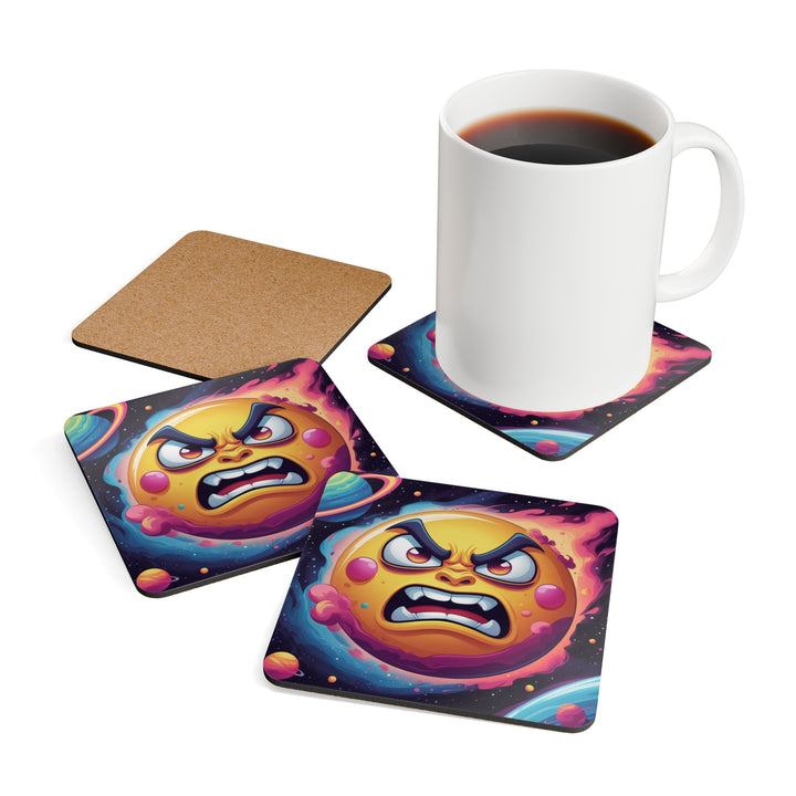 Angry Sun Space Corkwood Coaster Set – Fun Cosmic Decor, Eco & Stylish!