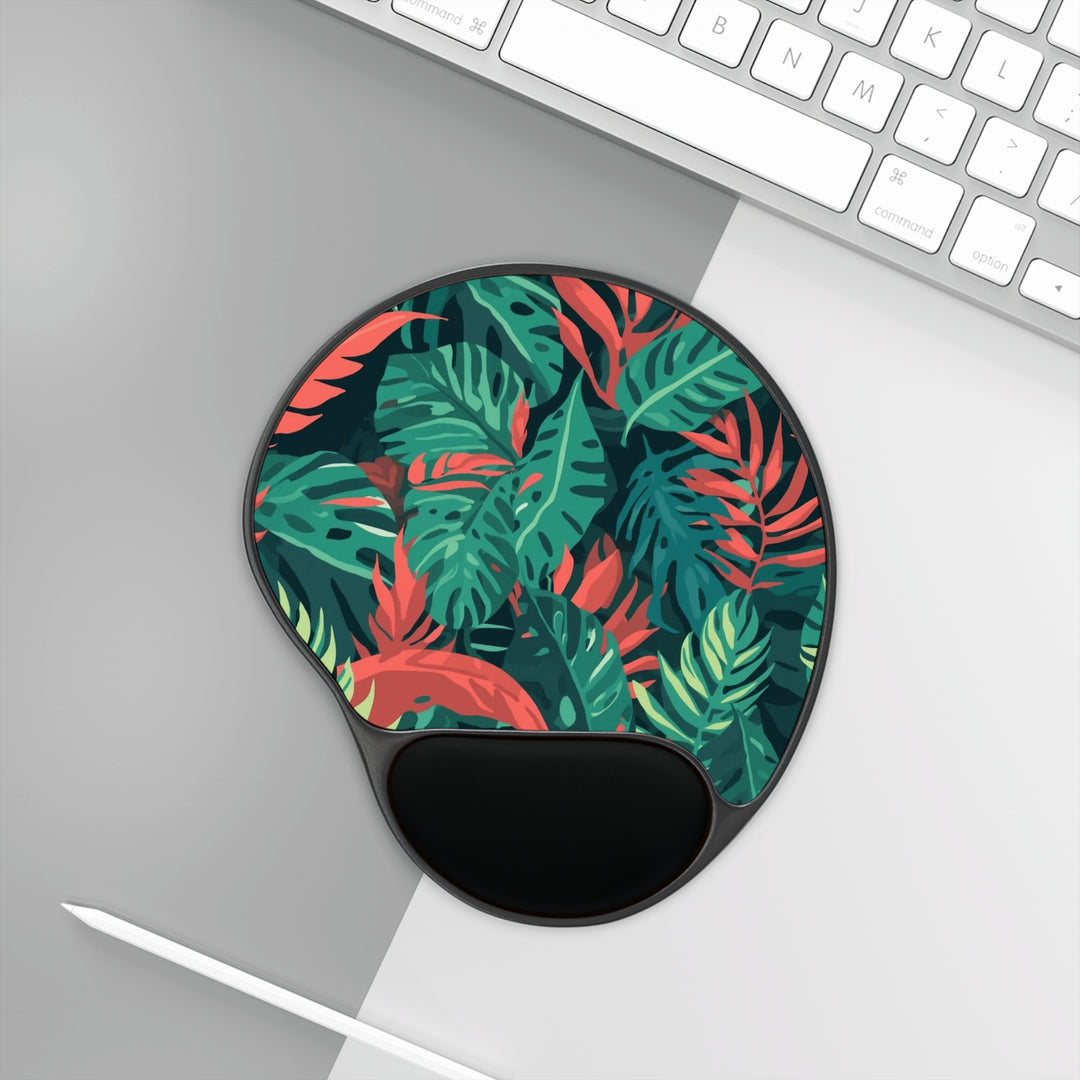 Ergo Memory Foam Mouse Pad with Wrist Rest – Tropical Leaf Jungle Vibes