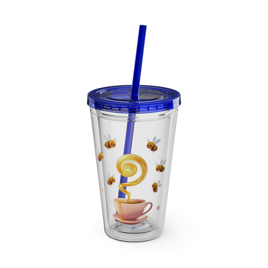 Sunsplash 16oz Tumbler – Pink Teacup & Bees, BPA-Free, Straw Included