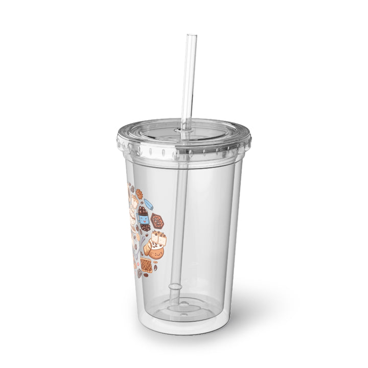 Suave Acrylic Cup 16oz – Double-Wall, Whimsical Café Cartoons, Lid & Straw