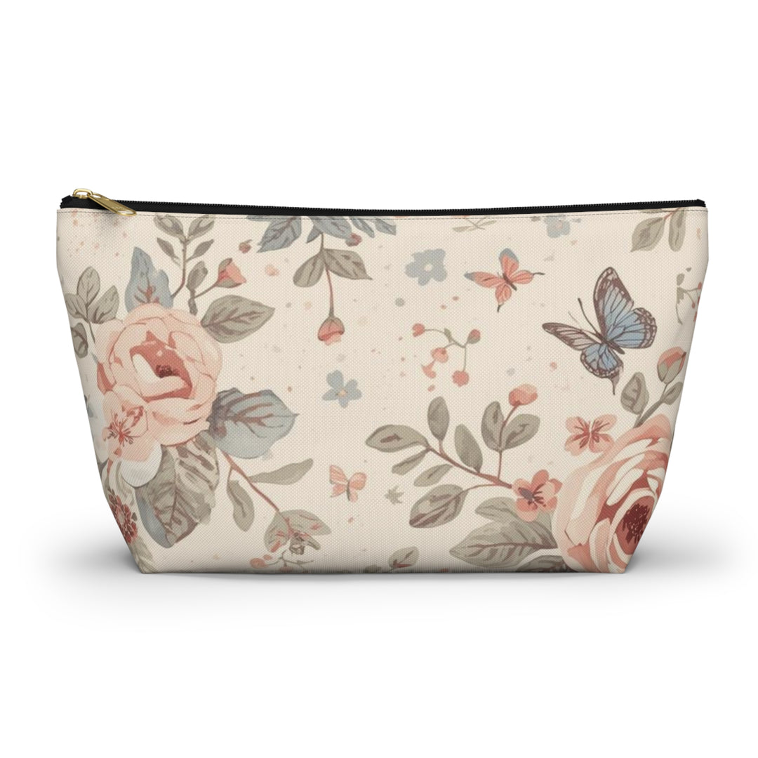 Chic T-Bottom Accessory Pouch – Pastel Floral Roses & Butterflies, Stylish Organizer
