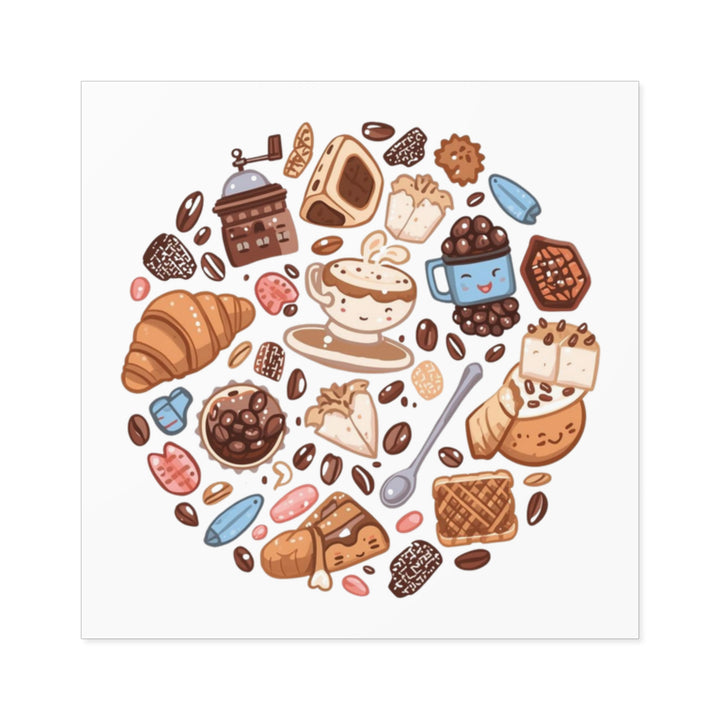Coffee & Dessert Cartoon Square Sticker – Weatherproof Vinyl, Customizable