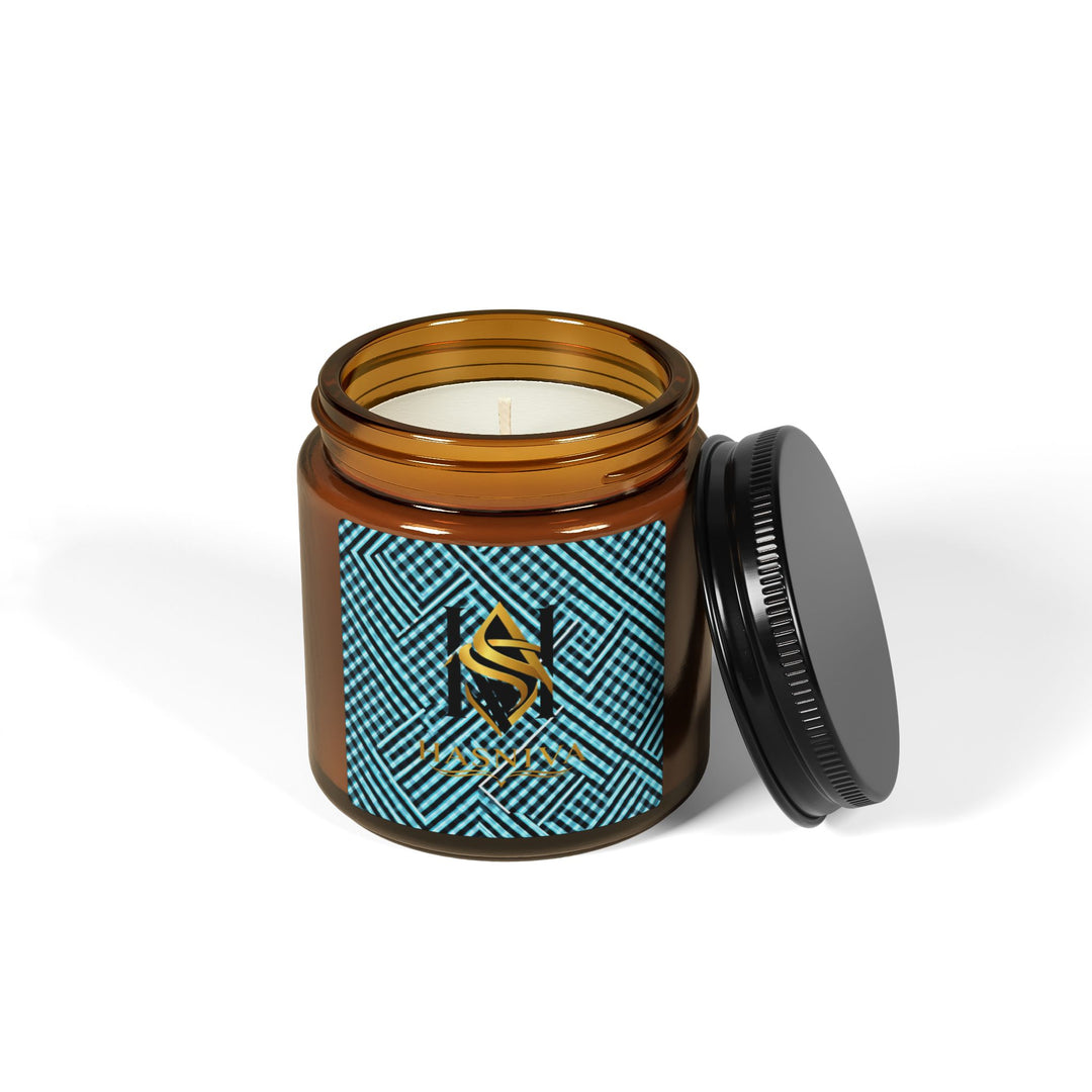 Scented Soy Candle – Amber Jar | Modern Geometric Aqua Grid | 4oz/9oz