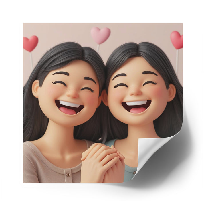 Charming 3D Cartoon Girls Laminate Square Sticker – Cute & Durable!