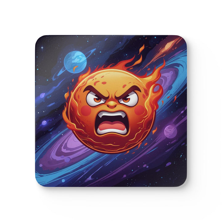 Fiery Cosmic Sun Corkwood Coaster Set – Bold Cartoon Space Table Decor