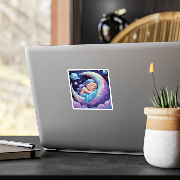 Dreamy Sleeping Girl on Moon Vinyl Sticker – Matte Kiss-Cut, Celestial Vibes