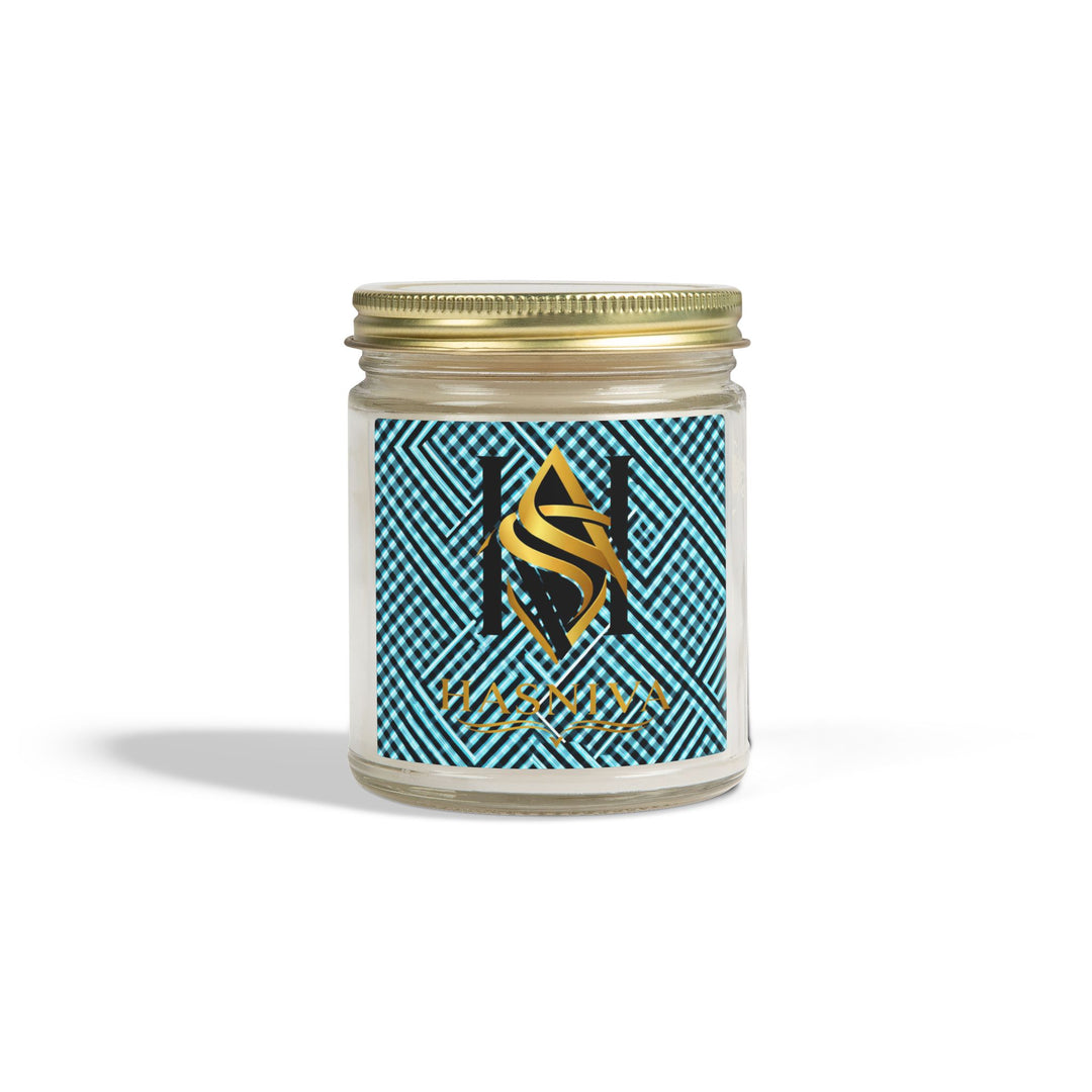 Hand-Poured Coconut Apricot Scented Candle – Futuristic Aqua Grid Design