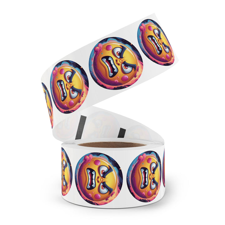Round Sticker Label Roll – Angry Sun Space Theme, Durable, Fun & Glossy