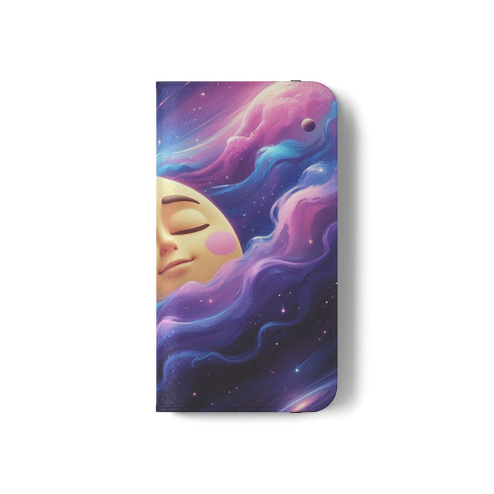 Dreamy Galaxy Flip Case – Cute Moon & Star Wallet Cover, Vegan Leather