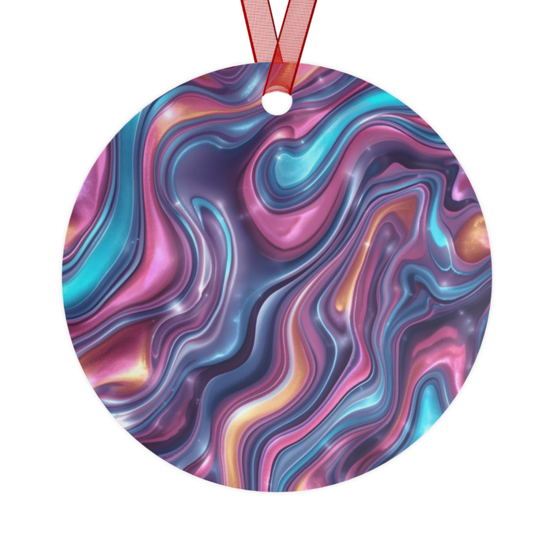 Glossy Metal Ornament – Iridescent Swirl Modern Marble Design, Customizable