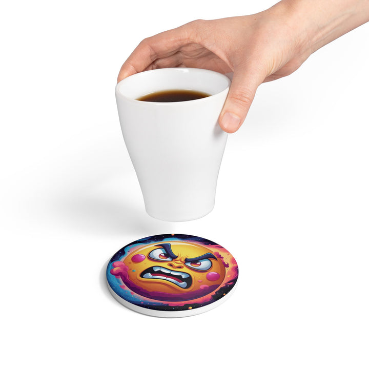 Angry Sun Space-Themed Ceramic Coaster – Fun Cartoon Design, Scratch-Free