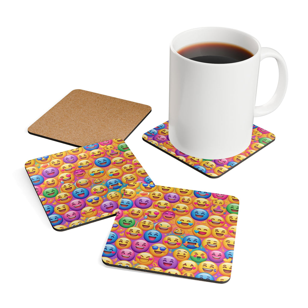 Emoji Corkwood Coaster Set – Fun High-Gloss, Non-Slip, Vibrant Smiley Decor