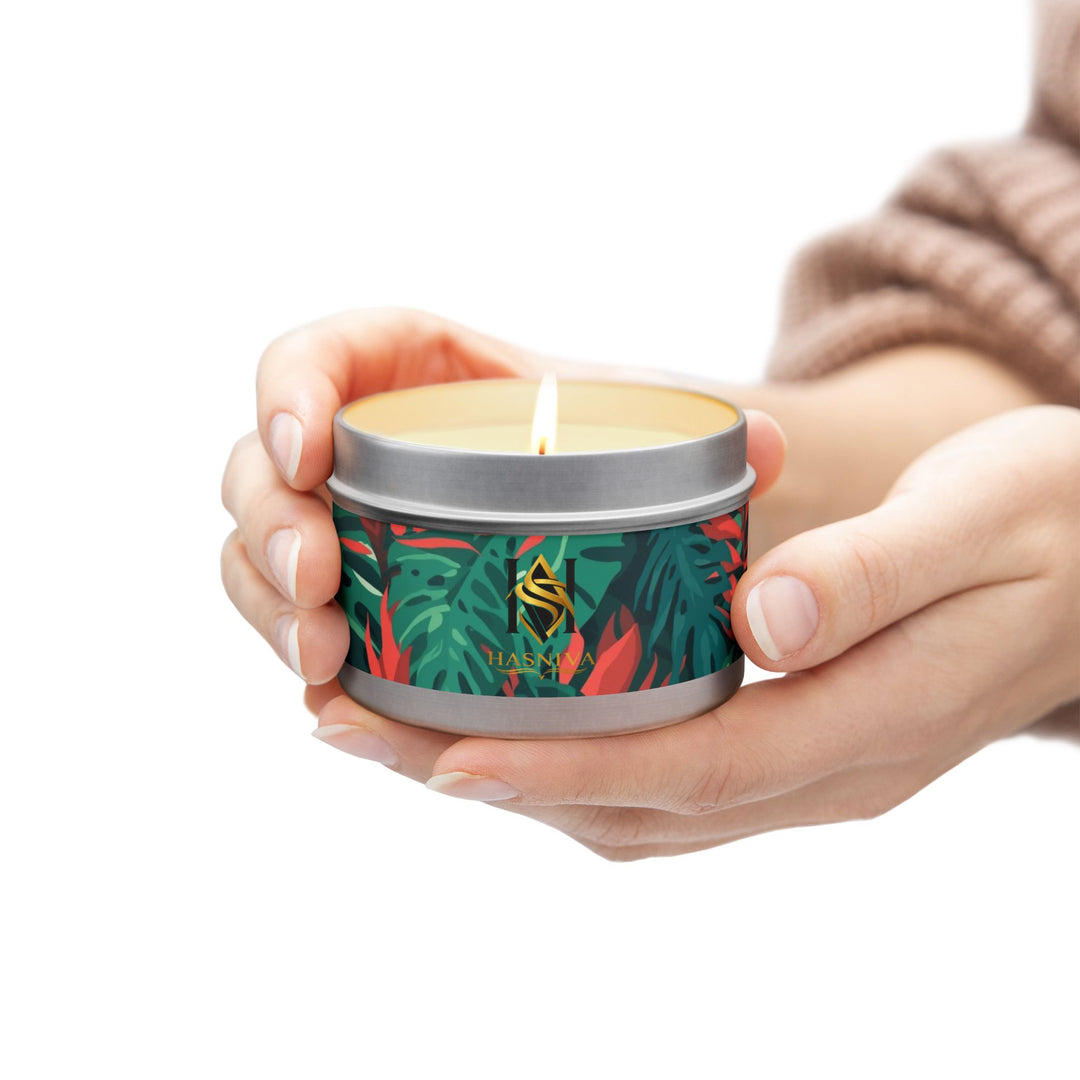 Handcrafted Tin Candles – Tropical Leaf Design, Custom Scents, Gift-Ready