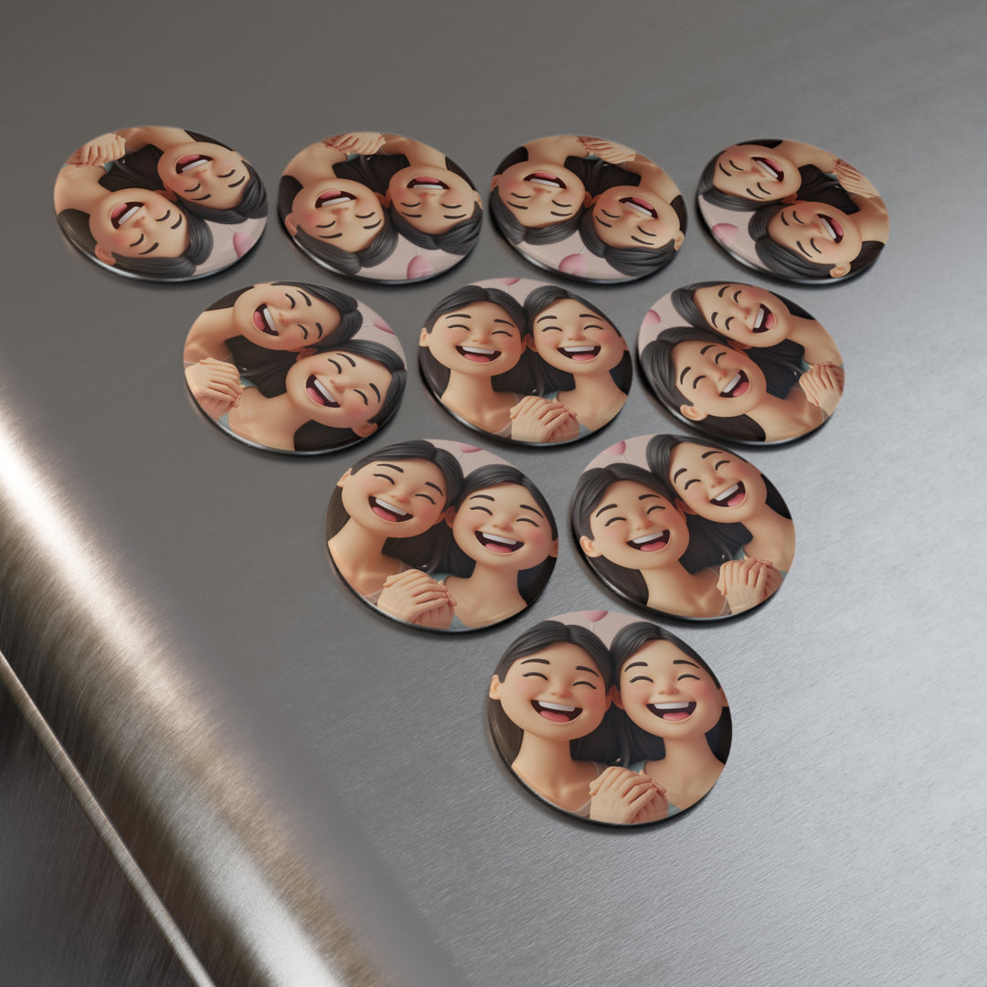Custom Cute Cartoon Girl Round Button Magnet – Friendship, 1/10 Pack