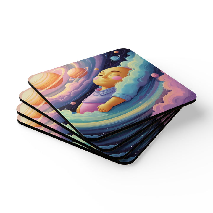 Dreamy Cosmic Baby Corkwood Coaster Set – High-Gloss, Cute Galaxy Decor