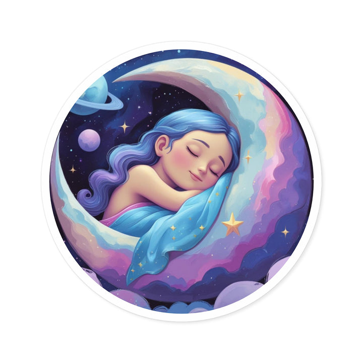 Dreamy Moon Girl Round Sticker – Waterproof, Custom Vinyl Celestial Decor