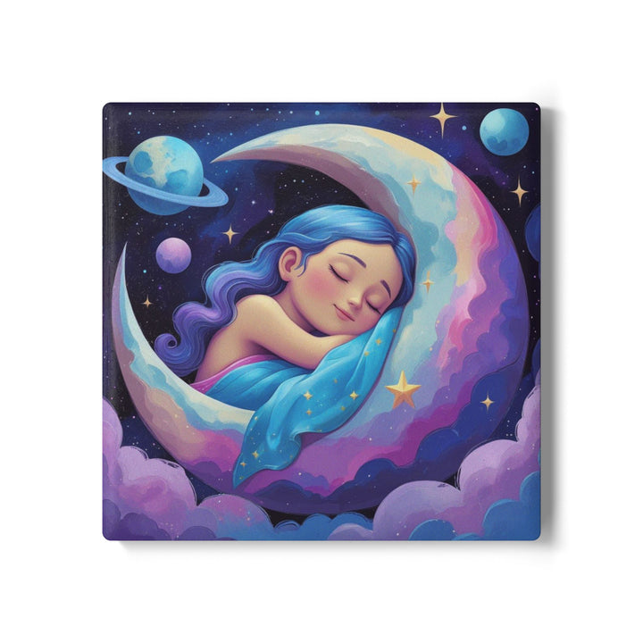 Dreamy Moon Girl Ceramic Coaster – Whimsical Celestial Night Decor