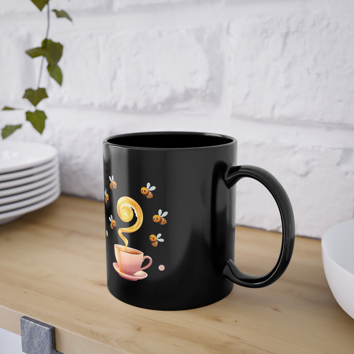 Sleek Black Coffee Cup 11oz – Cute Bee & Honey Pastel Mug, Gift-Ready