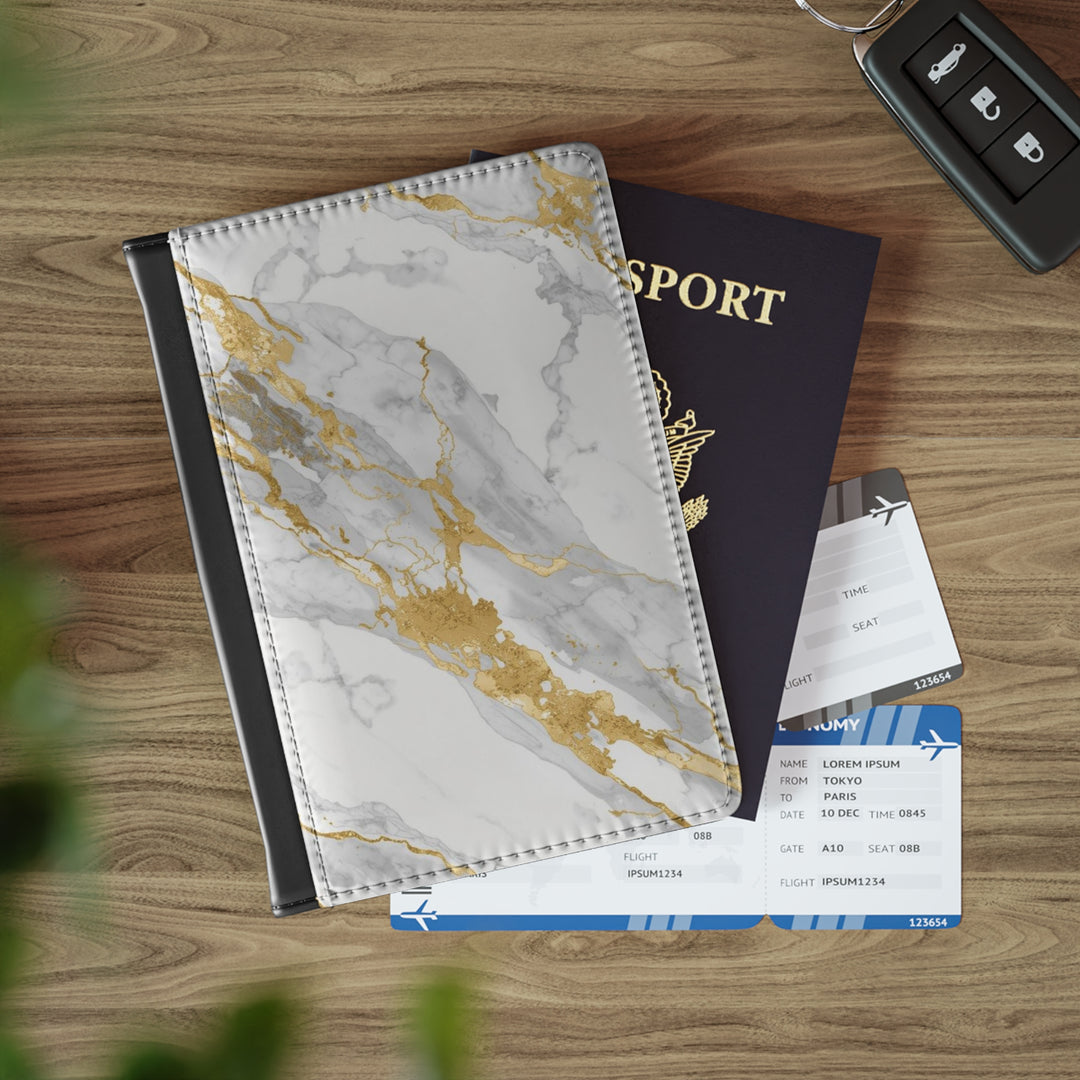 Marble Luxe Passport Cover – RFID Blocking, Gold Glam, Custom Travel Wallet