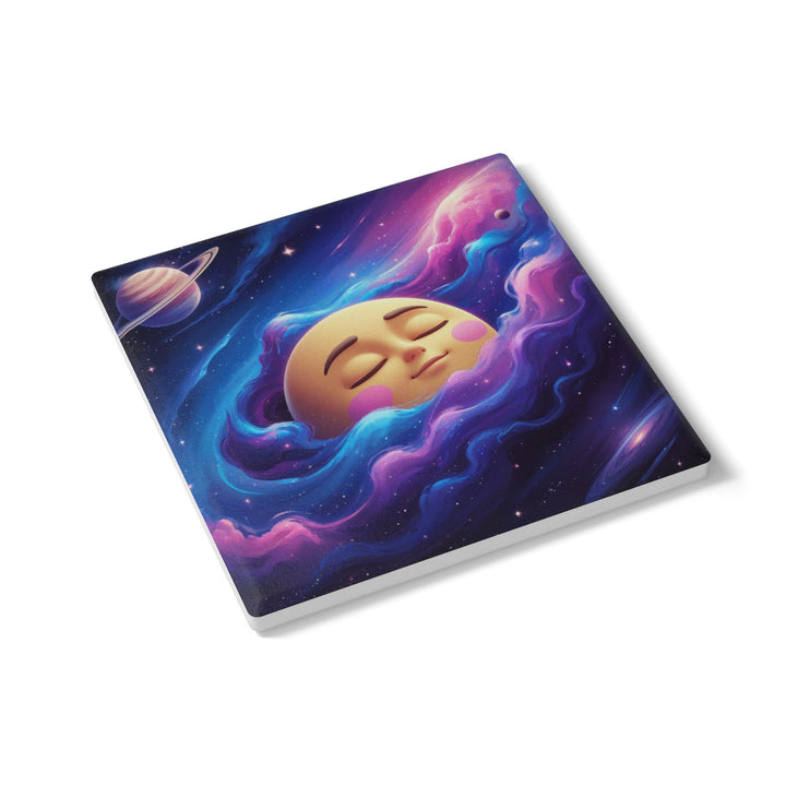 Whimsical Galaxy Moon Ceramic Coaster – Cute Space Decor, Cork Backed