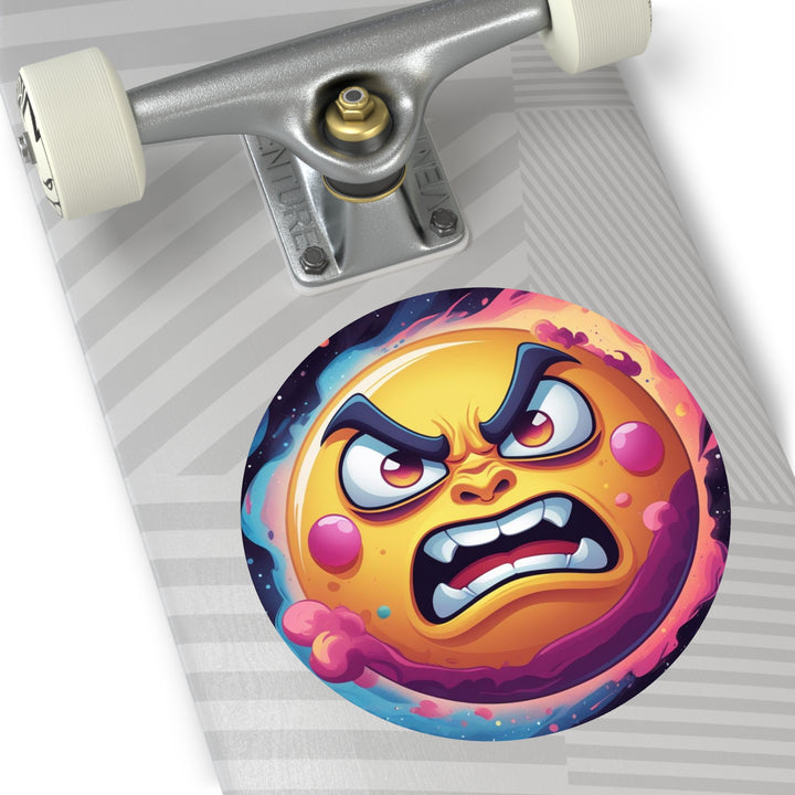 Custom Round Vinyl Sticker – Bold Angry Sun Space Theme, Waterproof & Trendy
