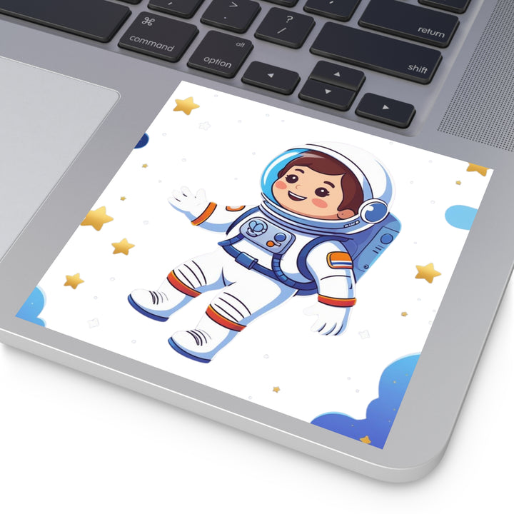 Space Adventure Square Laminate Sticker – Cute Astronaut, Durable & Fun