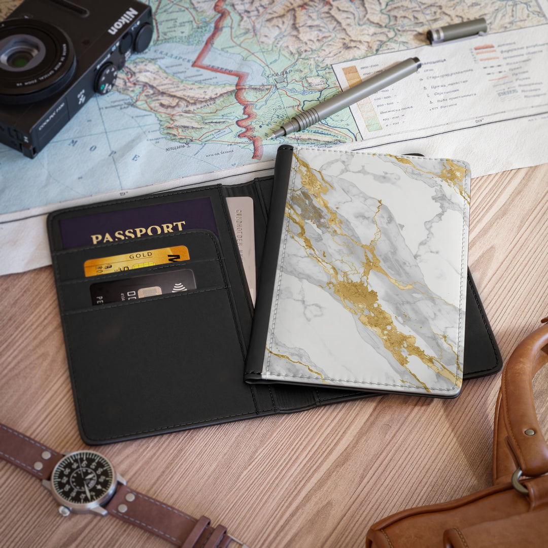 Marble Luxe Passport Cover – RFID Blocking, Gold Glam, Custom Travel Wallet