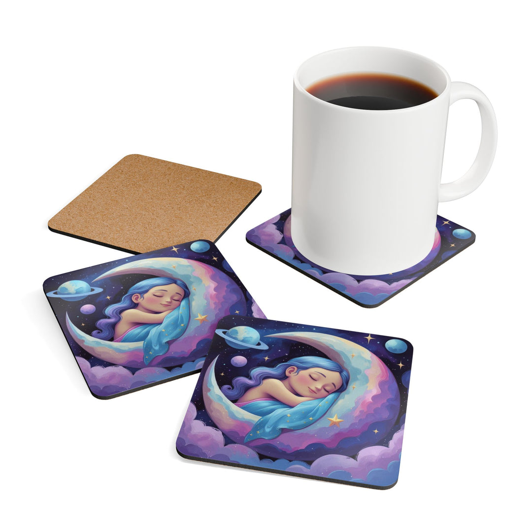 Celestial Dream Corkwood Coaster Set – Whimsical Sleeping Girl & Moon, 4-Pack