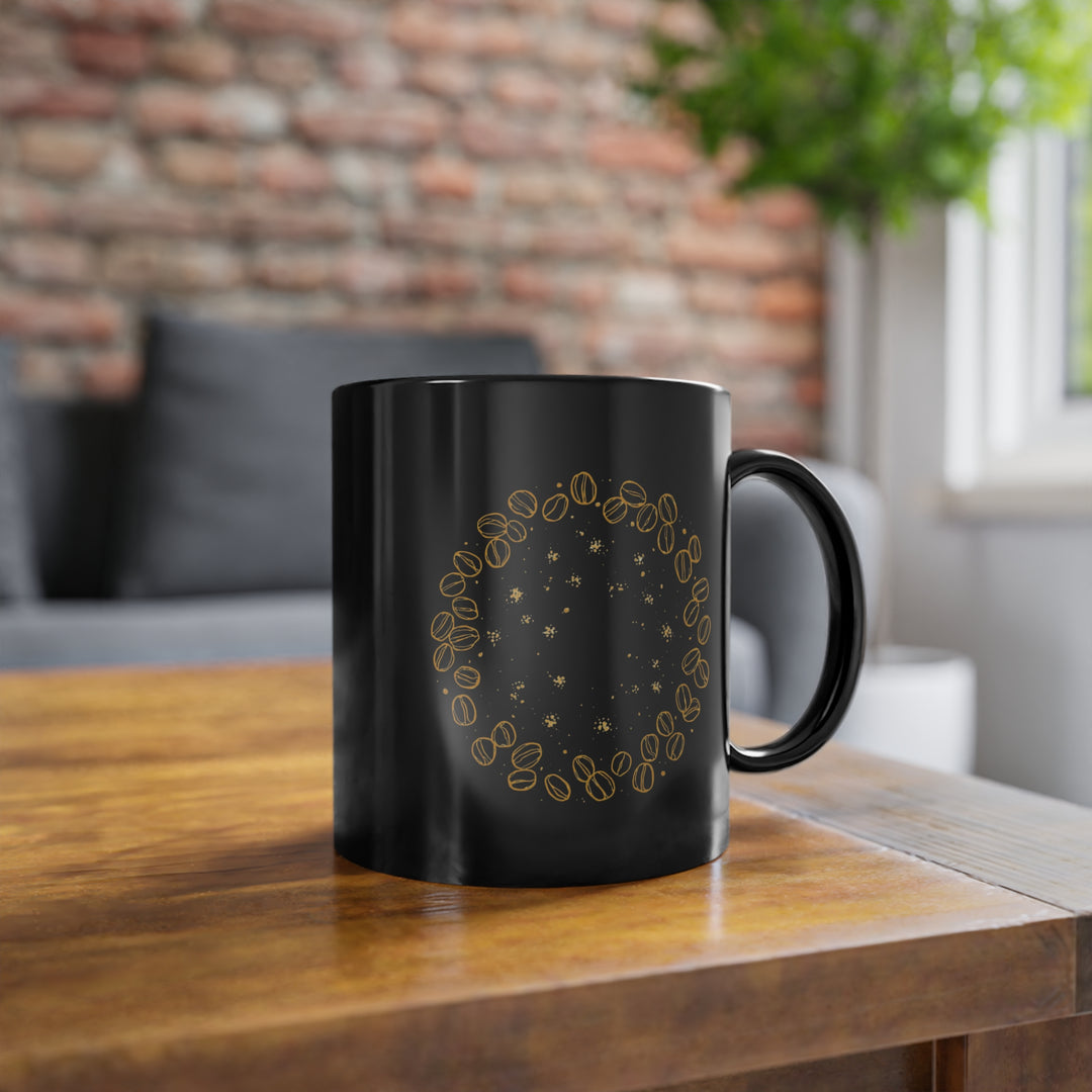 Sleek Black Coffee Cup 11oz – Hand-Drawn Beans, Trendy Gold Accents Mug