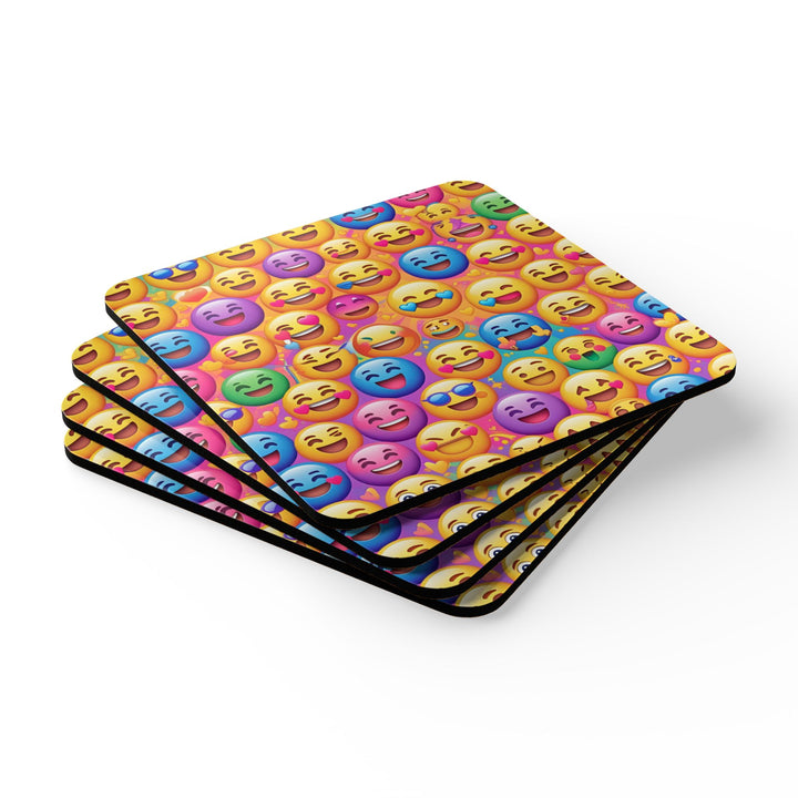 Emoji Corkwood Coaster Set – Fun High-Gloss, Non-Slip, Vibrant Smiley Decor