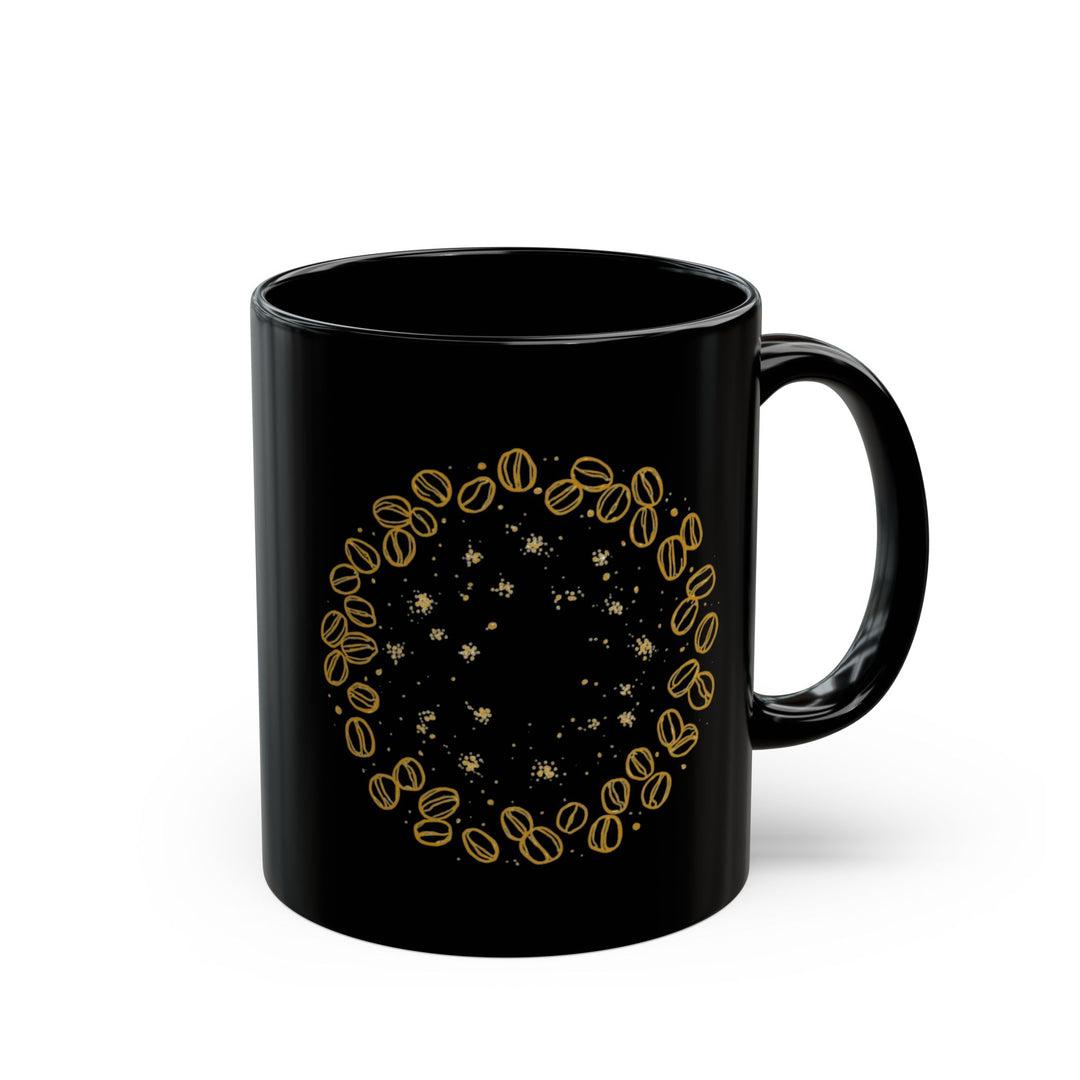 Modern Black Ceramic Mug – Hand-Drawn Coffee Beans & Gold Floral (11oz/15oz)