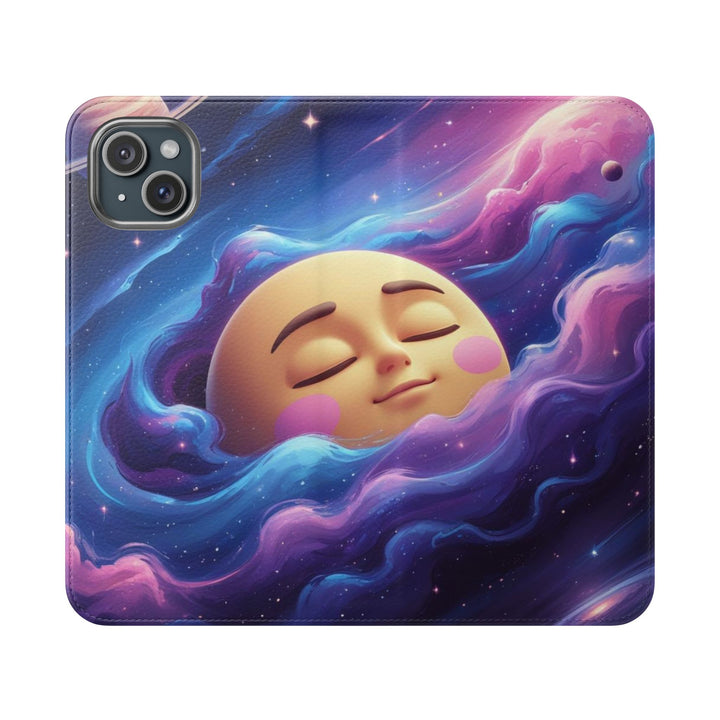 Dreamy Galaxy Flip Case – Cute Moon & Star Wallet Cover, Vegan Leather