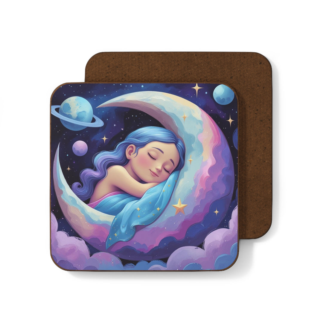 Dreamy Girl on Moon Hardboard Coaster – Celestial Nighttime Decor