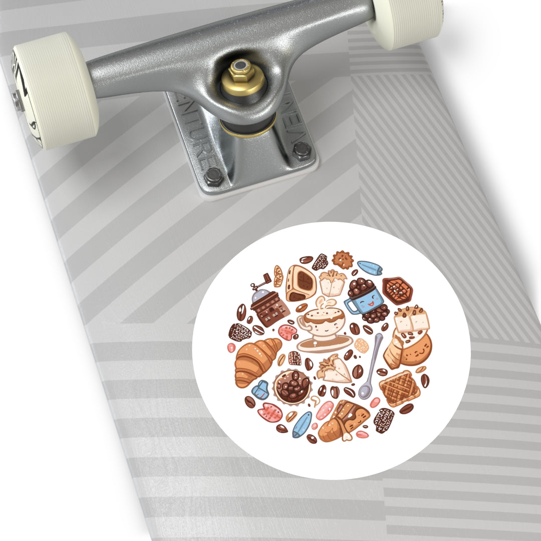 Whimsical Coffee & Pastry Round Sticker – Durable Café-Inspired Vinyl Decal