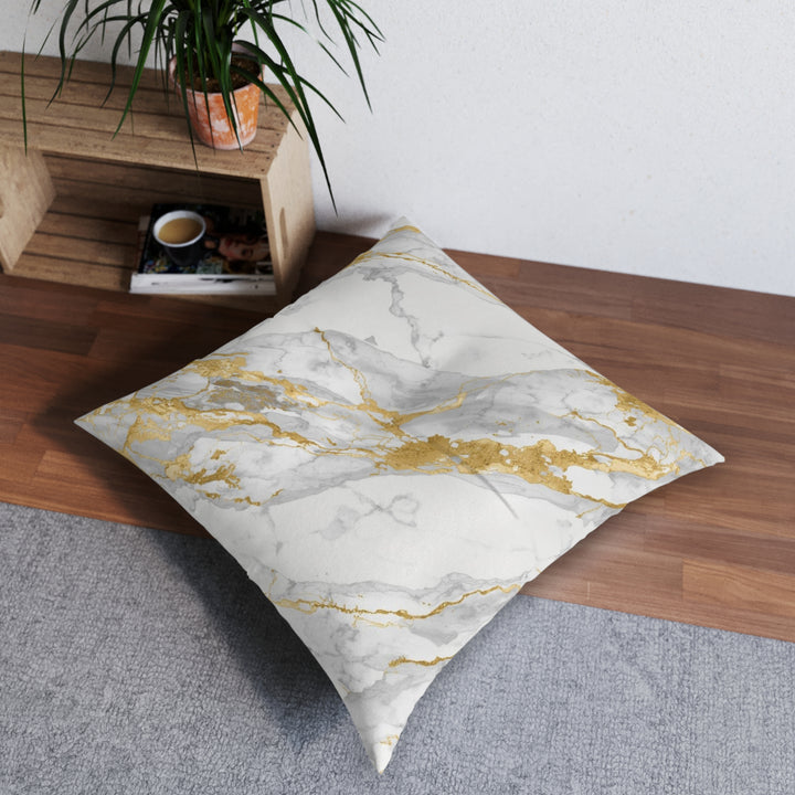 Custom Marble Tufted Square Floor Pillow – Luxe Gold & Grey, Personalized