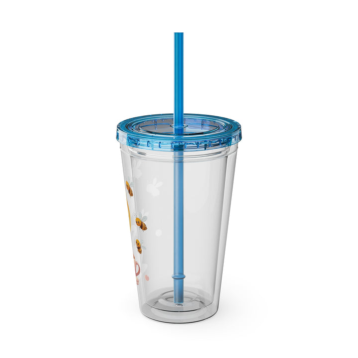 Sunsplash 16oz Tumbler – Pink Teacup & Bees, BPA-Free, Straw Included