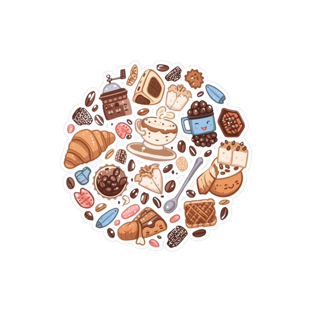 Whimsical Café Vinyl Kiss-Cut Sticker – Cute Coffee & Dessert Cartoon Decals