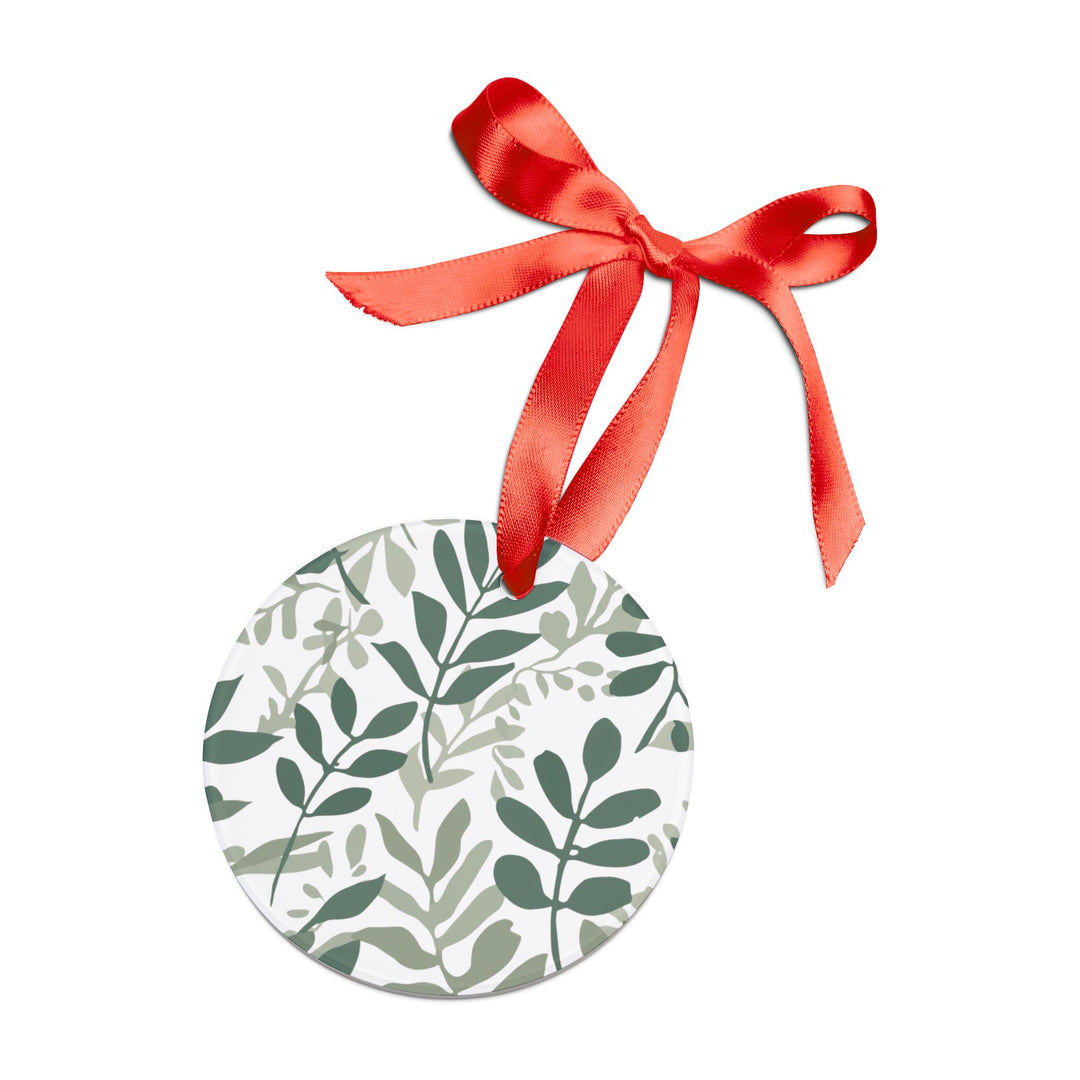 Personalized Acrylic Ornament – Modern Botanical Leafy Green on Black, Custom Ribbon