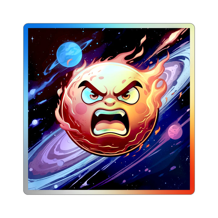 Holographic Die-Cut Sticker – Fiery Cosmic Sun Cartoon | Trendy Retro Shine