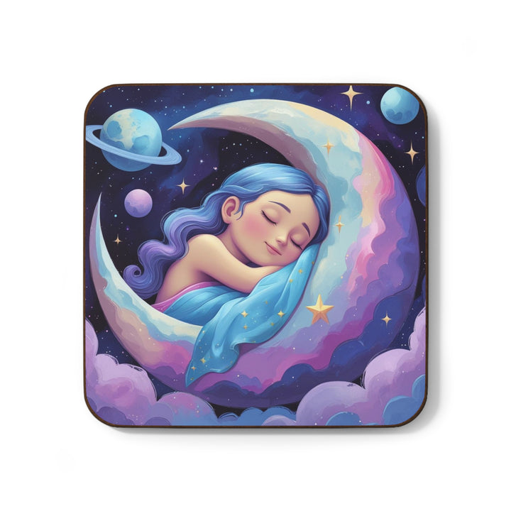 Dreamy Girl on Moon Hardboard Coaster – Celestial Nighttime Decor