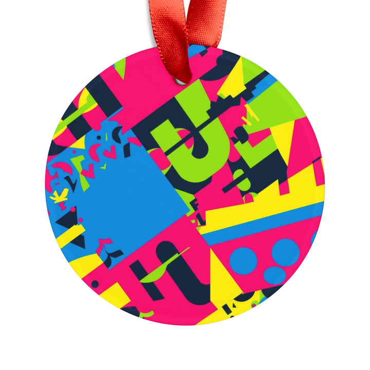 Personalized Acrylic Ornament – Neon Abstract Geometric Design with Ribbon