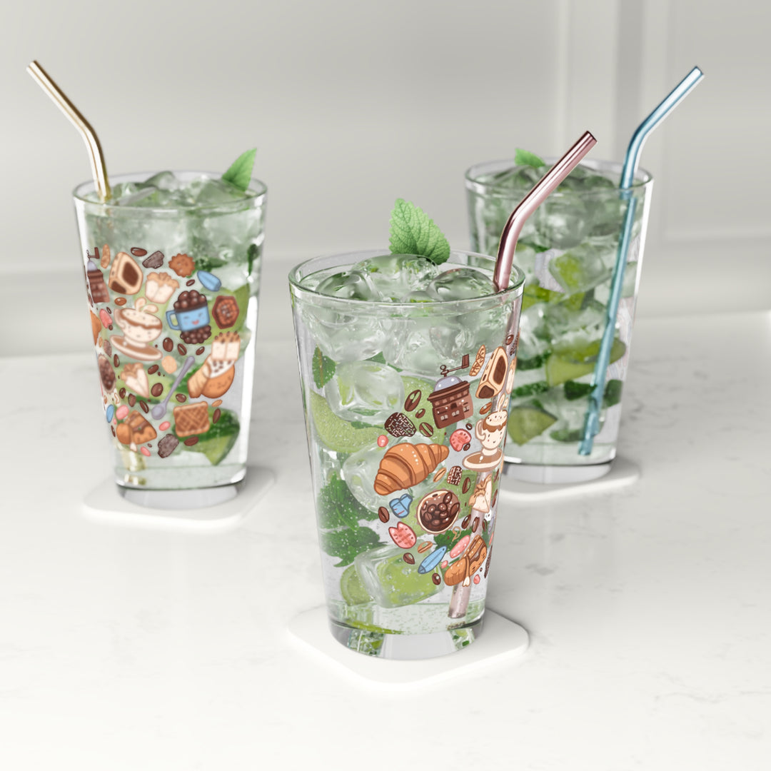 Custom 16oz Pint Glass – Playful Café Cartoon Design, Personalized Gift