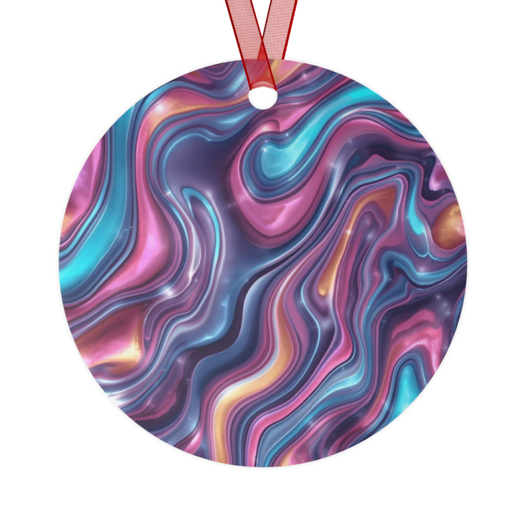 Glossy Metal Ornament – Iridescent Swirl Modern Marble Design, Customizable