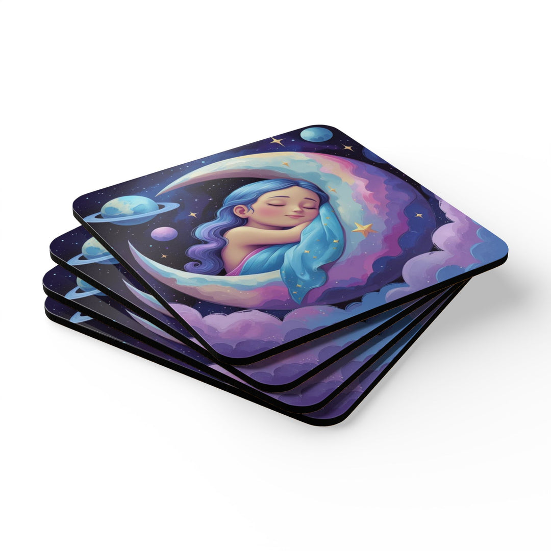 Celestial Dream Corkwood Coaster Set – Whimsical Sleeping Girl & Moon, 4-Pack